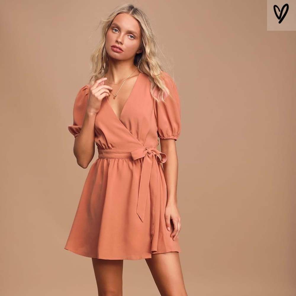 Lulu’s Rusty Rose Puff Sleeve Wrap Mini Dress